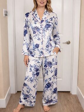 Rosie for Autograph Satin Floral Revere Collar Pajama Lounge Set Blue White 12